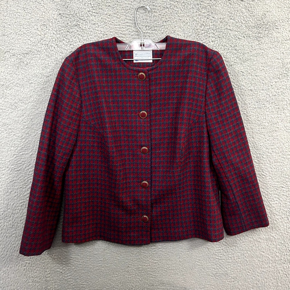 Vintage Pendleton Jacket Womens 14W Red Blue Houndstooth Virgin Wool Made In USA